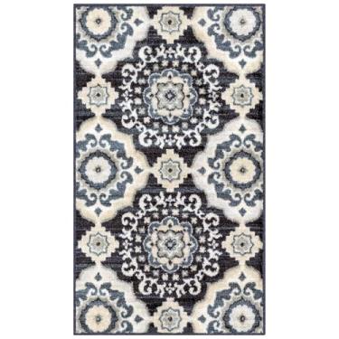 Imagem de Maples Rugs Camilla Tapete de área antiderrapante medalhão – Tapete lavável para entrada, hall de entrada, cozinha e banheiro [feito nos EUA], 1'8 x 2'10, creme/azul-marinho