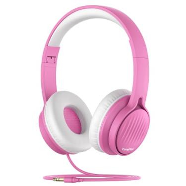 Imagem de TuneFlux Fones de ouvido infantis, fones de ouvido infantis com fio, volume limitado de 85 dB, design dobrável portátil, fones de ouvido infantis com som estéreo para escola/tablet/viagem - rosa