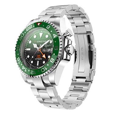Imagem de T-ENGINE Relógio masculino de quartzo de aço inoxidável, relógio GMT automático com 10 ATM à prova d'água para homens, Mostrador prata + preto e verde