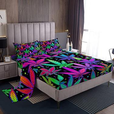 Imagem de Jogo de lençol King com folhas de cannabis, botânico, arbusto de maconha, decoração de quarto de meninas, meninos, adultos, céu estrelado, galáxia, romântico, colorido, 4 peças (elástico + plano + 2