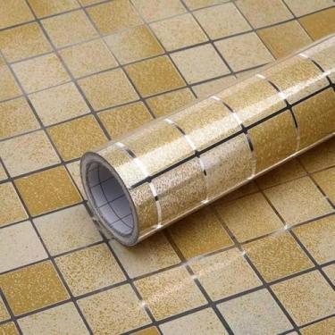 Imagem de Rolo de Papel de Parede Adesivo Pastilha Mosaico Dourado, 5m x 45cm, para Cozinha e Banheiro