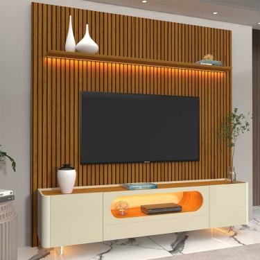 Imagem de Rack Com Painel Para Tv Até 85 Polegadas 1 Gaveta 2 Portas Led Pés Vidro 220cm Requinte Nobre Naturale/off White