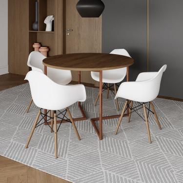 Imagem de Mesa Jantar Industrial Amêndoa 110Cm Redonda Base V Cobre C/4 Poltronas Brancas Madeira Amendoa