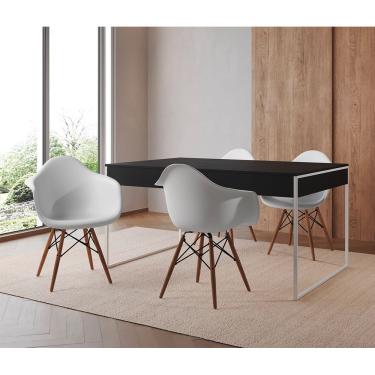 Imagem de Mesa Jantar Industrial Filadélfia Preta 137X90Cm Base Ferro Branco Com 4 Poltronas Brancas Preto