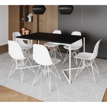 Imagem de Mesa Industrial Jantar Retangular 137X90Cm Preta Base V Com 6 Cadeiras Brancas Ferro Br Preto