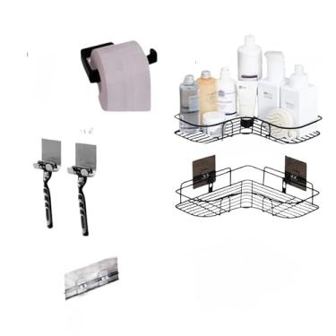Imagem de Prateleira de xampu de canto e reta com adesivos organizadores (Kit 7 Suportes)