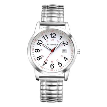 Imagem de JewelryWe Relógios masculinos com faixa elástica: relógio de pulso feminino analógico analógico fácil de ler calendário de aço inoxidável pulseira de expansão comercial casual, Prata, Adjustable