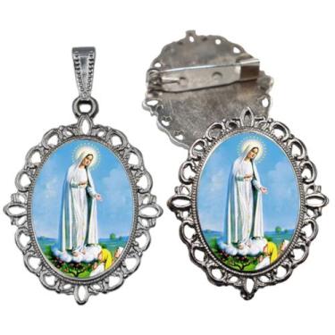 Imagem de Broche com Relicario Cor Prata Nossa Senhora de Fatima Terno Noivo lap
