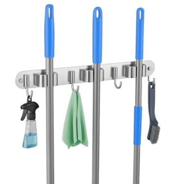 Imagem de Suporte de Parede Multiuso em Inox, 4 Ganchos, Organizador para Vassouras, Rodo e Pá
