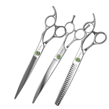 Imagem de SnipStar Professional Pet Tesouras Conjunto 3PCS VG10 Aço 8 polegadas Tesouras de corte retas e curvas, 7,5 polegadas 24 dentes Chunker tesouras, Taxa de diluição 65%