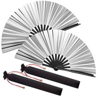 Imagem de Maitys Fãs grandes dobráveis de seda chineses de mão leque de Tai Ji para homens e mulheres, festival, dança de linha, kungfu, arte marcial, presente (prata laser, pacote com 2)