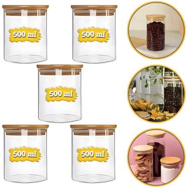 Imagem de Kit 5 Potes De Vidro 500ml Frasco Hermético Condimentos Temperos Tampa De Bambu Natural