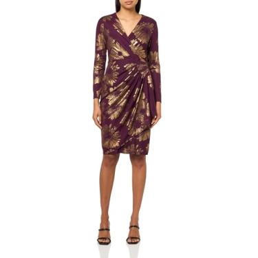 Imagem de London Times Sobrepeliz feminino com babados em cascata metálico manga longa coquetel ocasião convidada do evento, Ameixa italiana/ouro, 46