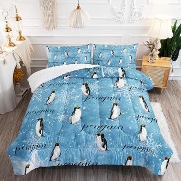 Imagem de XYNHML Jogo de cama com estampa de pinguins kawaii, 3 peças, estampa de animal antártico, pinguim, para crianças, adolescentes, meninas, adultos, natureza, vida selvagem, floco de neve, com 1 edredom