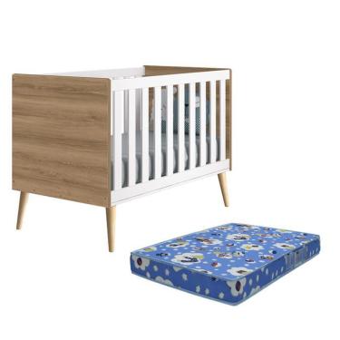 Imagem de Berço Americano Theo Pés Madeira Natural com Colchão D18 - Reller Móveis Branco Fosco/Mezzo