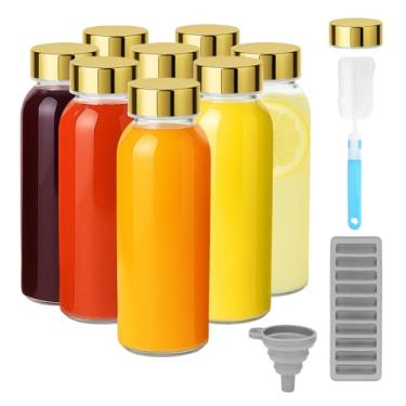 Imagem de Zukro Garrafas de água de vidro com tampas douradas de 297 g, pacote com 8 garrafas pequenas de suco de vidro transparente reutilizável para sucos, leite, dose de gengibre, tampa de aço inoxidável, à