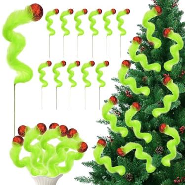 Imagem de 12 palhetas peludas de árvore de Natal de 33 cm, verde limão, vermelho, verde, ramos peludos, espirais, encaracolados, enfeites de elfo, galhos florais e palhetas de bolas para decoração de Natal
