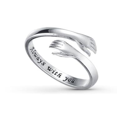 Imagem de lasuroa Anel de abraço de prata, anel de dedo ajustável anel de abraço fofo anel de amizade anéis de mão Always with you anel casal abraço quente anéis um abraço do céu projeto esperança anéis