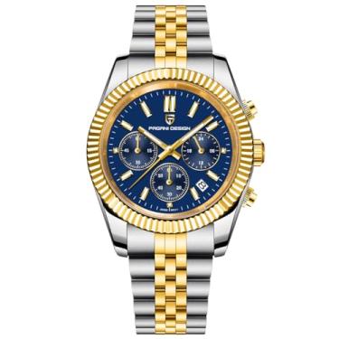 Imagem de Pagani Design Relógio masculino cronógrafo de quartzo, pulseira de aço inoxidável, impermeável, mostrador redondo com mostrador de data, Dourado, azul