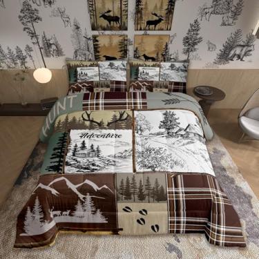 Imagem de Homewish Conjunto de cama rústica, Queen, aventura e caça, chifre de veado, decoração de quarto de pinho, xadrez de madeira de pinho, conjunto de edredom vintage, marrom, 3 peças