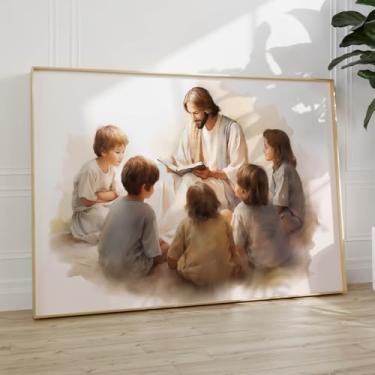 Imagem de Arte de parede Jesus com crianças Jesus ensinando arte em tela aquarela pintura de Jesus para berçário, imagens cristãs, impressões religiosas para crianças, pôsteres de Jesus para quarto, 40,6 x 61
