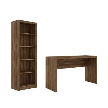 Imagem de Escritório com Mesa para Computador Simples Gavetas Com Armário Prateleiras Portas Nogal - FdECOR