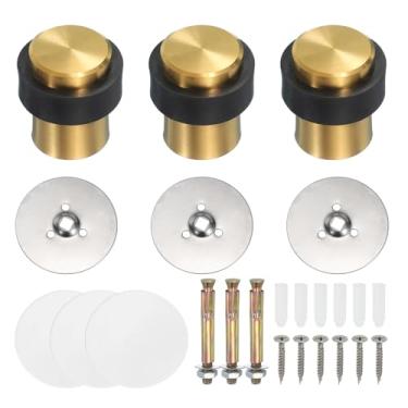 Imagem de PATIKIL 3 conjuntos de batentes de porta redondos, 46 mm batente de porta de aço inoxidável cunha cilindro de metal autoadesivo com parafuso para parte inferior do piso da porta interna, tom dourado