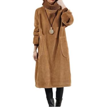 Imagem de Vestido De Veludo Cotelê Feminino Inverno Velo Vestido Grosso Manga Comprida Gola Alta Quente Plus Size Vestido Longo Com Bolsos, Coffee, 4XL