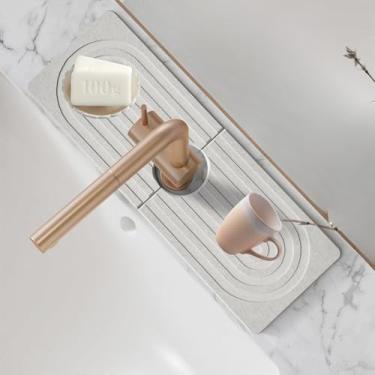 Imagem de Velony Vacay Tapete de torneira de cozinha, tapete de torneira de pedra de secagem rápida para torneira de pia de cozinha, protetor de respingos para balcão de banheiro, cozinha [branco, 39,9 cm x 9,9