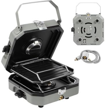 Imagem de Fogão portátil ajustável de 2 bocas com 16.000 BTU, com churrasqueira de acampamento e bolsa de transporte, fogão de acampamento portátil a propano com 2 queimadores e ignição piezoelétrica para