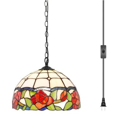 Imagem de AVIVADIRECT Luminária Pendente Tiffany Com Encaixe Em Vidro Colorido, 12 Polegadas De Largura, Corrente 33 Polegadas, Cabo 15 Pés, Estilo Flor Rosa