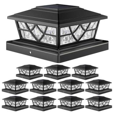 Imagem de APONUO Luzes de poste de deck alimentadas por energia solar com 12 unidades - Luzes de poste de cerca solar, IP65 à prova d'água, liga/desliga, luz quente/branca para postes de madeira e vinil, cerca