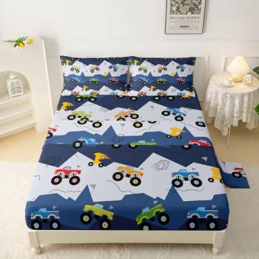 Imagem de QOOMO Jogo de lençol casal infantil de caminhão, carro com bolso profundo de 40,6 cm, macio e respirável para meninos, meninas, crianças, adolescentes