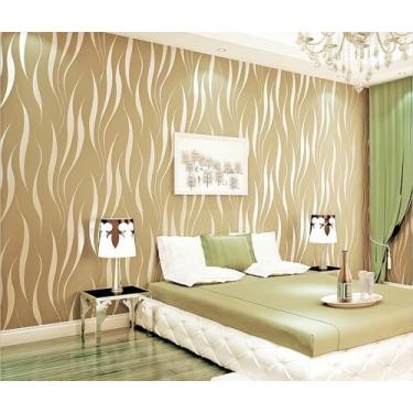 Imagem de Papel de parede não tecido 3D flocagem autoadesivo efeito listrado flash sala de estar quarto hotel decoração pano de parede bege 53 * 300 cm
