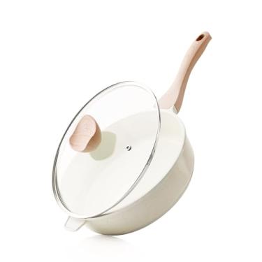 Imagem de Kordisen Frigideira funda de cerâmica antiaderente, frigideira não tóxica de 25 cm com tampa, panela jumbo saudável, frigideira para cozinhar, panelas de indução, sem PFOA e PFAS (creme)