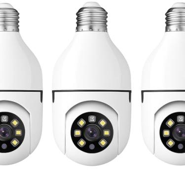 Imagem de Kit 3 Câmeras Lâmpada Wi-Fi 2.4GHz Full HD 1080p 360° Panorâmica com Visão Noturna Colorida, Áudio Bidirecional, Sensor de Movimento, Luz LED, Instalação Fácil E27, Monitore Casa, Pets e Crianças