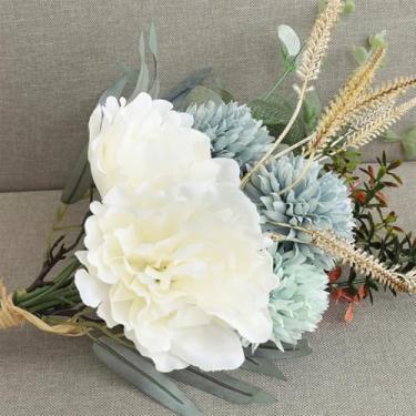 Imagem de Buquê de flores artificiais de peônia de outono de 42 cm, seda, romântico, casamento, decoração para casa, festa, arranjo de flores falsas (verde duplo)