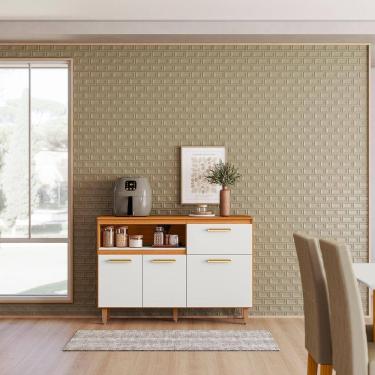 Imagem de Balcão de Cozinha Poliman Sicília 120cm 3 Portas 1 Gaveta com Tampo Pés Reguláveis MDP Pintura UV Freijó Off White Acetinado