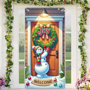 Imagem de BlissYard Capa para porta de Natal, boneco de neve, guirlanda de alegria, cena de boas-vindas, 89 x 188 cm, banner, cabine de fotos, decoração de festa interna e externa, tecido de poliéster para