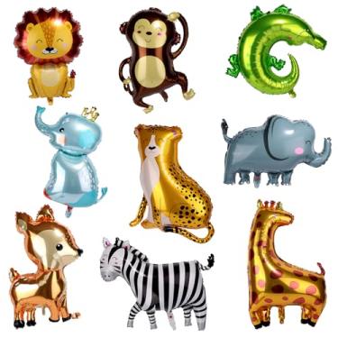 Imagem de Tinoaly 9 Peças Balões de Animais Safari, Grandes Girafa Tigre Leão Macaco Elefante Zebra Animal Selvagem Balões Metalizados para Tema Selva Aniversário Infantil Festa Chá de Bebé Decorações