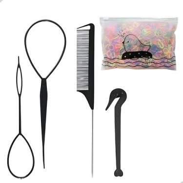 Imagem de Kit 4 Acessórios para Penteado Pente Agulhas e Tira Laço Baby Hair Penteado Infantil Penteado Adulto + 1 mil elástico descartáveis (liguinhas) (Preto)