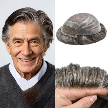 Imagem de Sistema de cabelo durável para homens com renda francesa frente peruca masculina peruca natural fina mono peruca para homens 20 x 25 cm 120% densidade leve a média # 440 marrom médio + 40% cinza