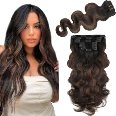 Imagem de Sassina Extensões de cabelo humano com clipe em extensões de cabelo humano real em dois tons de preto natural a marrom chocolate Remy extensões de cabelo humano macio cabeça inteira 7 peças 120G 14