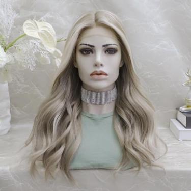 Imagem de IMSTYLE Peruca frontal de renda loira: Peruca sintética ondulada de 55 cm, resistente ao calor, enraizamento macio, peruca em T