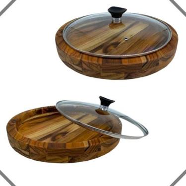 Imagem de Kit 2 Gamela De Madeira Churrasco Redonda Com Tampa De Vidro - Le Requ