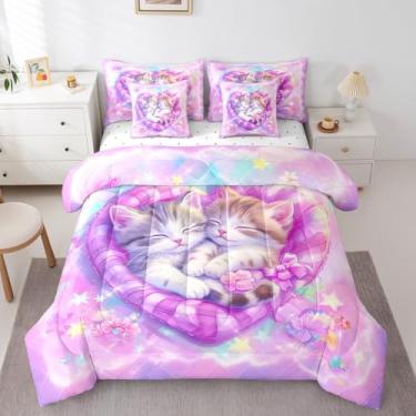 Imagem de Jogo de cama Queen com estampa de gato 3D, rosa doce e roxo amor, animais de estimação, kawaii, decoração de quarto de crianças, mulheres e adolescentes, 2 fronhas, 2 fronhas