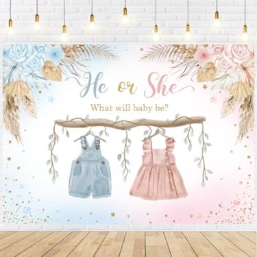 Imagem de Withu Pano de fundo revelador de gênero para chá de bebê, ele ou ela, menino ou menina, azul e rosa, roupas fofas, boêmio, floral, grama, pampas, flores, decoração de festa recém-nascida, fundo de