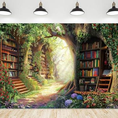 Imagem de Riyidecor Biblioteca de fadas pano de fundo tecido poliéster estante árvore encantada floresta 5Wx3H pés verde jardim livro planta floral criança fotografia fundo aniversário chá de bebê foto estúdio