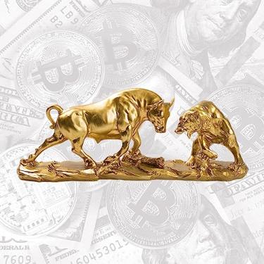 Imagem de AETVRNI Estátua de touro e urso de Wall Street - Estátuas de touro e urso de 11 cm de altura, decoração de mesa abstrata de resina dourada para corretores financeiros, ouro