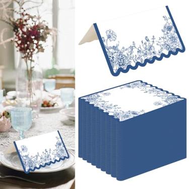 Imagem de 150 cartões de nome de casamento para mesa 5 x 8 cm azul chinoiserie floral cartões de nome para barraca dobrada, tabela de assentos para recepção de casamento, lembrancinhas de festa de chá de bebê